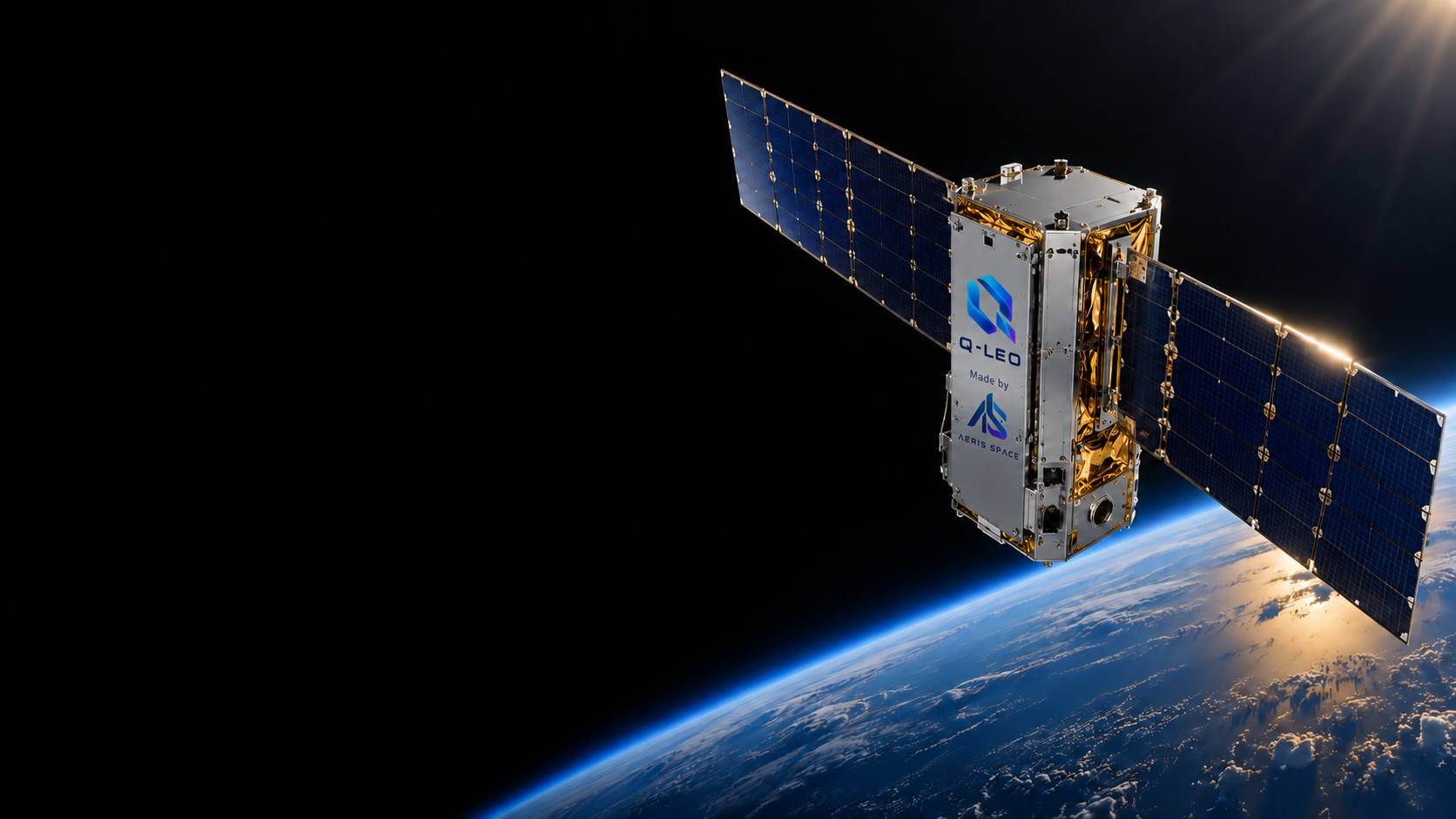 Concept visualization of a CubeSat above Earth with Q-LEO and Made by Aeris Space branding printed on its body panel